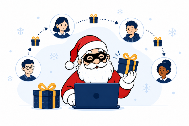 Illustration d’un Secret Santa avec Père Noël masqué, participants et cadeaux