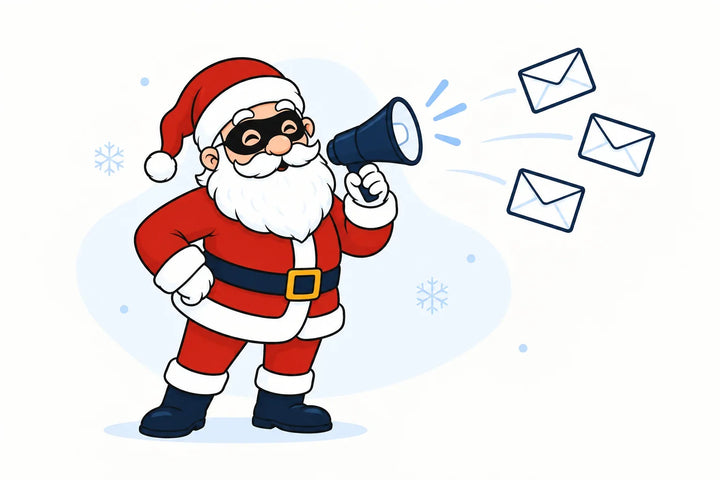 Père Noël masqué debout avec un mégaphone et des enveloppes pour annoncer le Secret Santa