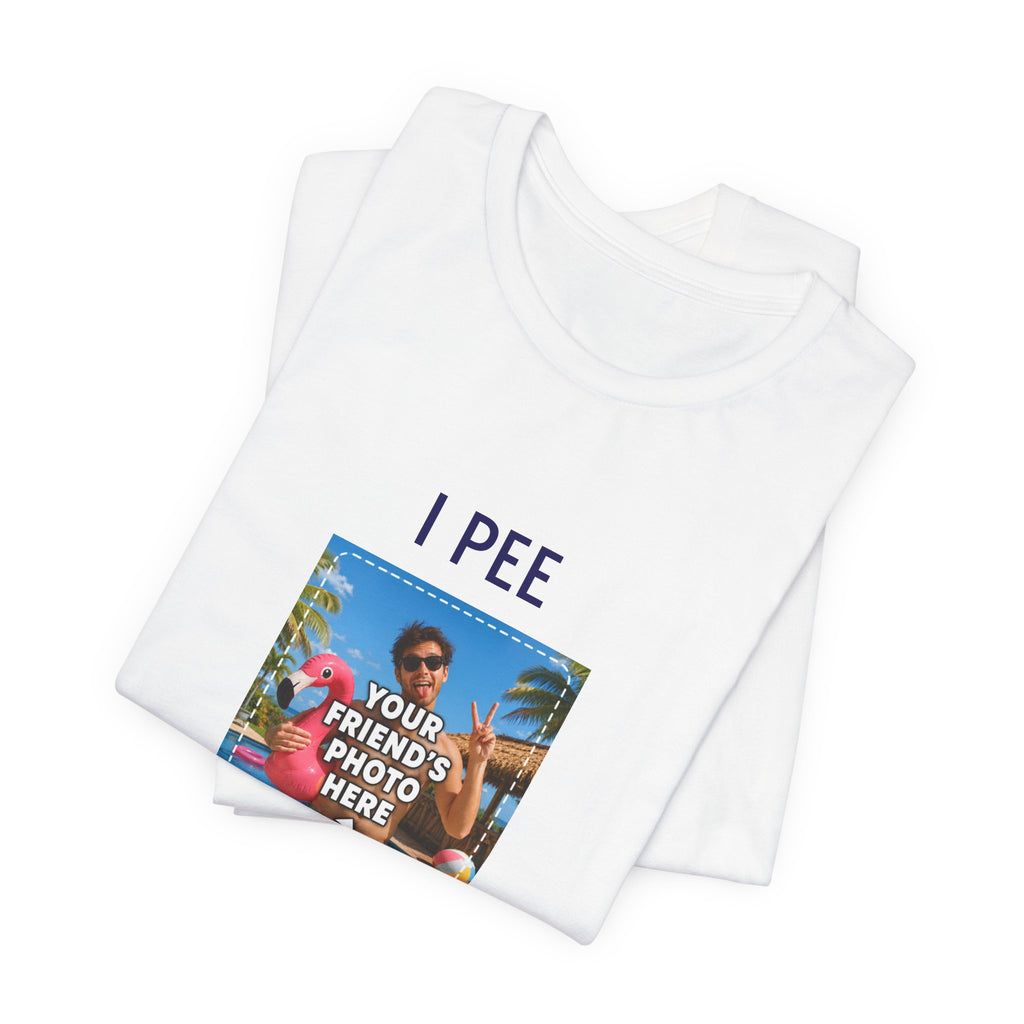 Close-up of the custom photo print on the I PEE IN POOLS T-shirt