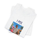 Close-up of the custom photo print on the I PEE IN POOLS T-shirt