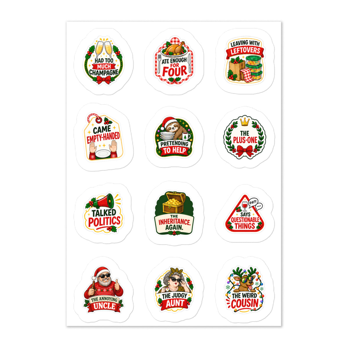 Sheet of 12 funny family Christmas stickers for Secret Santa