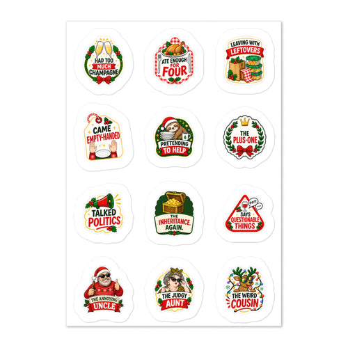 Sheet of 12 funny family Christmas stickers for Secret Santa